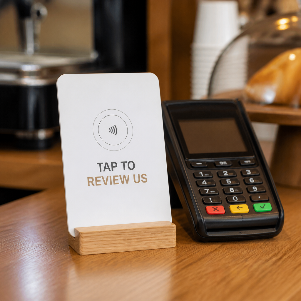 TapContact review card beside a payment terminal