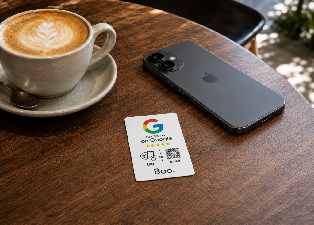 TapContact Google review NFC card on a café table with coffee