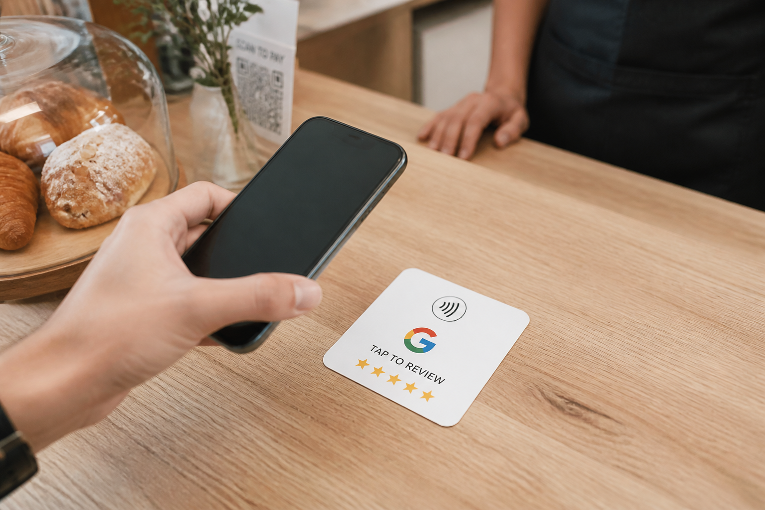 Customer tapping a phone on a TapContact review card